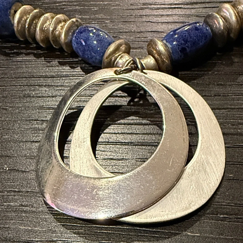 Chico's Silver and Blue Beaded Necklace with Dual Circle Pendant
